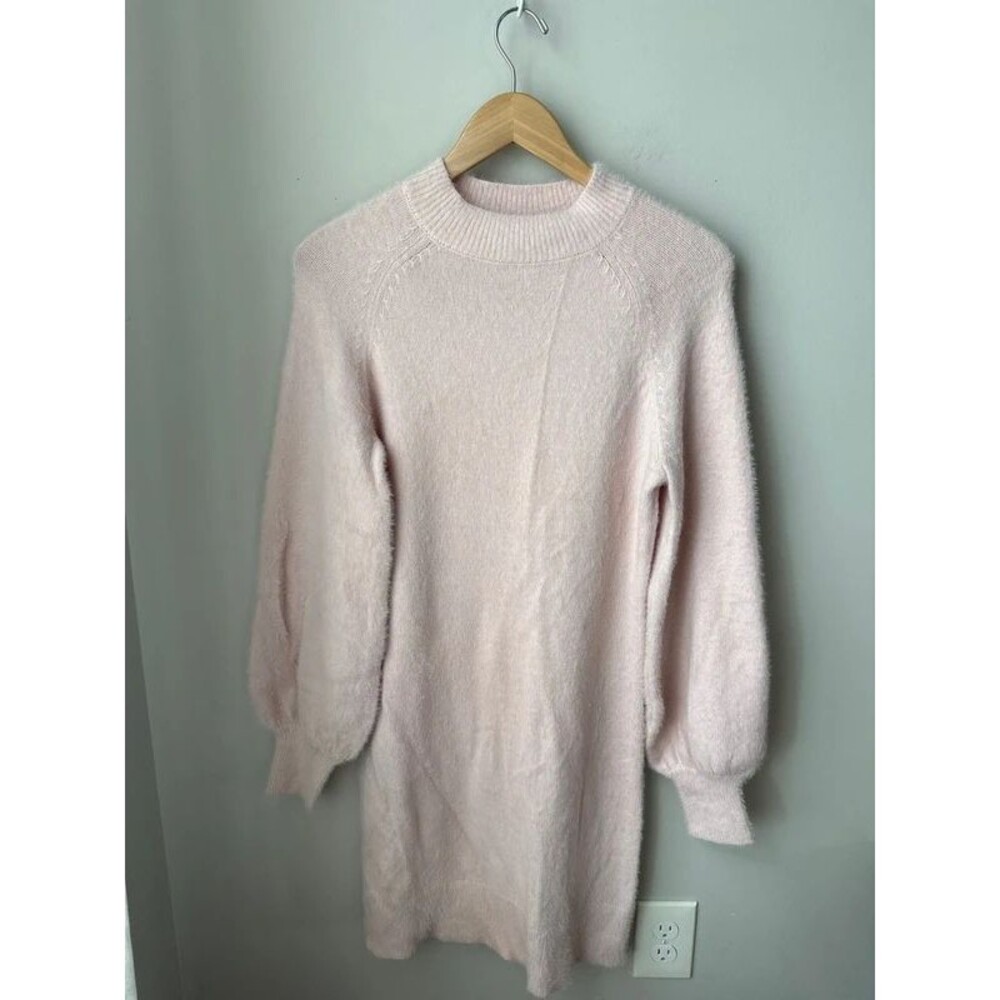 Zesica Light Pink Fuzzy Knit Puff Sleeve Sweater Dress Medium